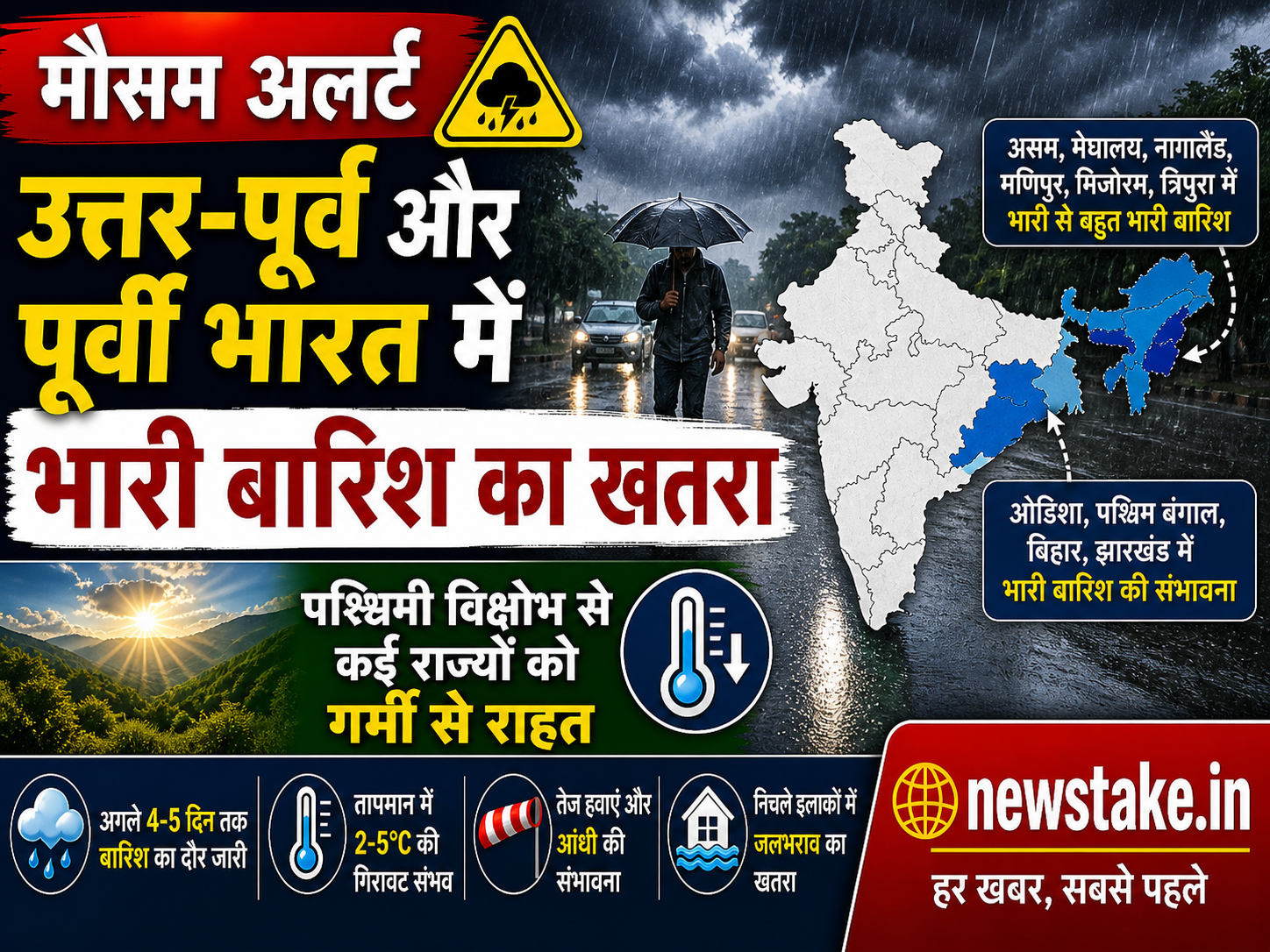 मौसम अलर्ट: उत्तर-पूर्व और पूर्वी भारत में भारी बारिश का खतरा